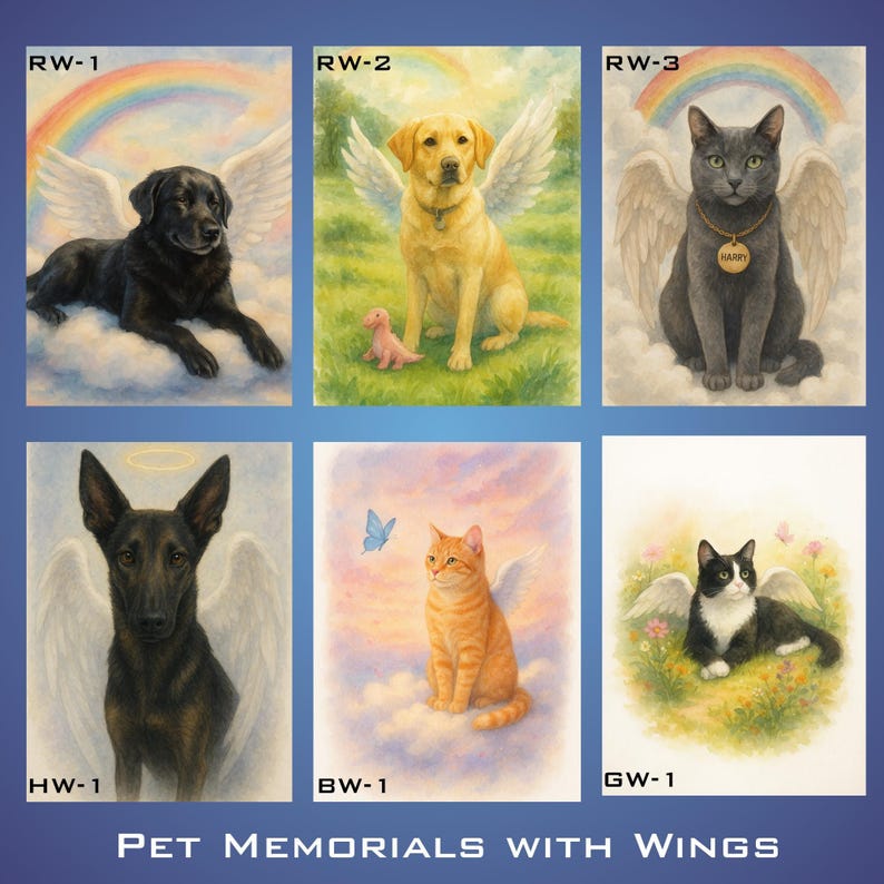 Dog Cat Memorial Custom Pet Portrait Rainbow Bridge Artwork Personalized Animal Tribute Digital Design Creation Angel Wings Option Commemorative Keepsake Sympathy Gift Idea Loss Support Present Watercolor Style Artwork Heavenly Scene
