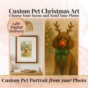Custom Christmas Pet Portrait Watercolor Art From Photo Holiday Costume Print Funny Santa Dog Cat Personalized Winter Decor Gift Display