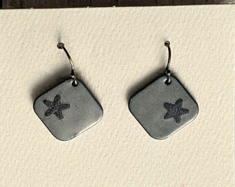 Enamel Steel Grey Star Earrings, Gray and Black Star Earrings