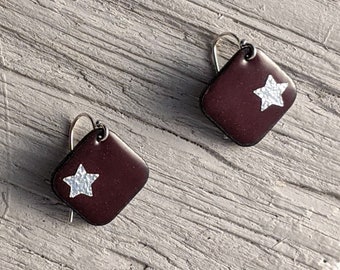 Bordeaux Star Earrings, Burgundy and Silver Enamel Earrings, Maroon Earrings