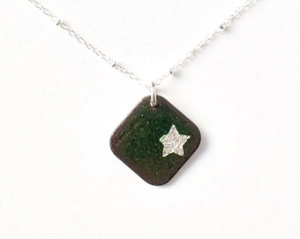 Forest Green Star Enamel Necklace, Dark Green Pendant Necklace