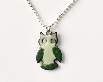 Reversible Enamel Owl Pendant, Green Owl, Ivory and Tan Owl Necklace