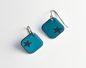 Enamel Turquoise Blue Star Earrings, Black & Aqua Blue Star Earrings