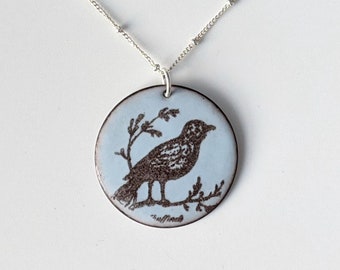 Pastel Blue & Brown Enamel Bird Necklace,  Bird Lover's Pendant