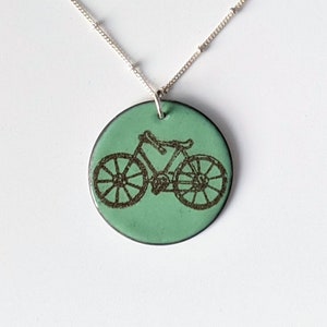 Moss Green Enamel Bicycle Necklace, Bike Lover's Pendant image 1