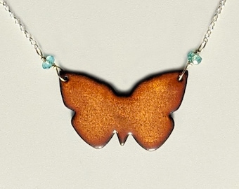 Reversible Butterfly Necklace, Shimmering Gold and Aqua Blue Transparent Enamel Butterfly Pendant with Blue Topaz Beads