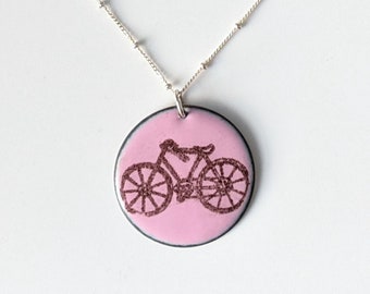 Pink Enamel Bicycle Necklace,  Bike Lover's Pendant