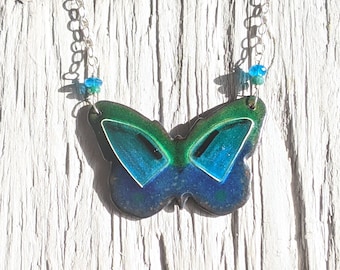 Blue and Green Butterfly Cloisonné Necklace, Butterfly on Chunky Silver Chain
