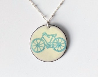 Ivory and Mint Green Enamel Bicycle Necklace,  Bike Lover's Pendant