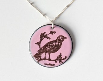 Pastel Pink & Brown Enamel Bird Necklace,  Bird Lover's Pendant