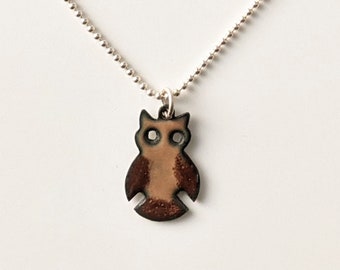 Reversible Enamel Owl Pendant, Brown Barn Owl, Ivory and Tan Owl Necklace