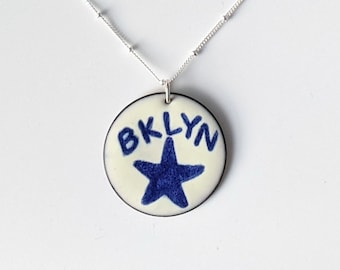 Blue on Ivory Brooklyn Star Pendant, City Pride Necklace, BKLYN Enamel Pendant