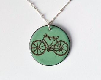 Moss Green Enamel Bicycle Necklace,  Bike Lover's Pendant