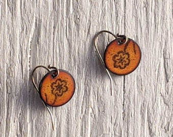 Golden Cherry Blossom Earrings, Enamel Dangle Earrings on Sterling Silver, Floral Earrings