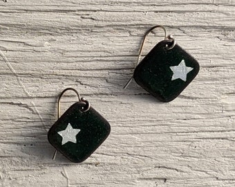 Forest Green Star Enamel Earrings, Deep Green and Silver Earrings