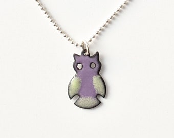 Reversible Enamel Owl Pendant, Purple and Green Owl, Ivory and Tan Owl Necklace