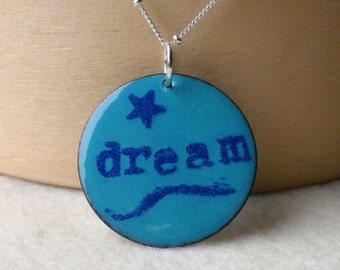 Dream Mantra Necklace, Enamel and Silver Necklace, Turquoise Pendant