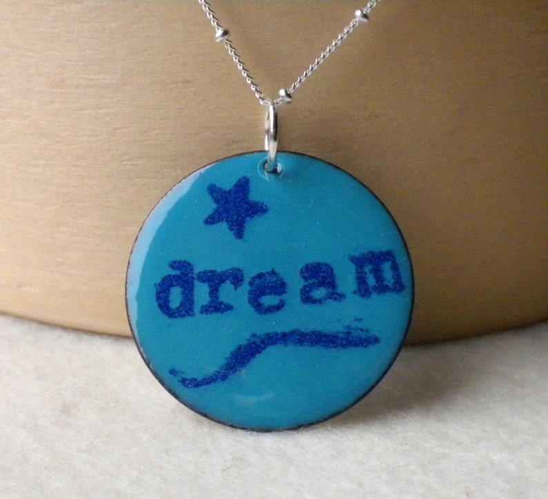 Dream Mantra Necklace, Enamel and Silver Necklace, Turquoise Pendant image 1