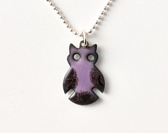 Reversible Enamel Owl Pendant, Purple and Black Owl, Ivory and Tan Owl Necklace