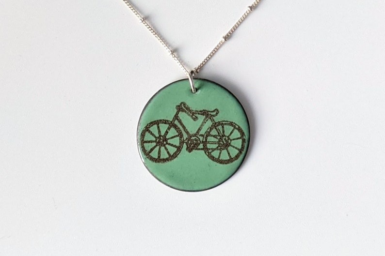 Moss Green Enamel Bicycle Necklace, Bike Lover's Pendant image 1