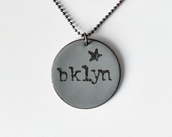 Grey and Black Bklyn Star Pendant, City Pride Necklace, Brooklyn Enamel Pendant