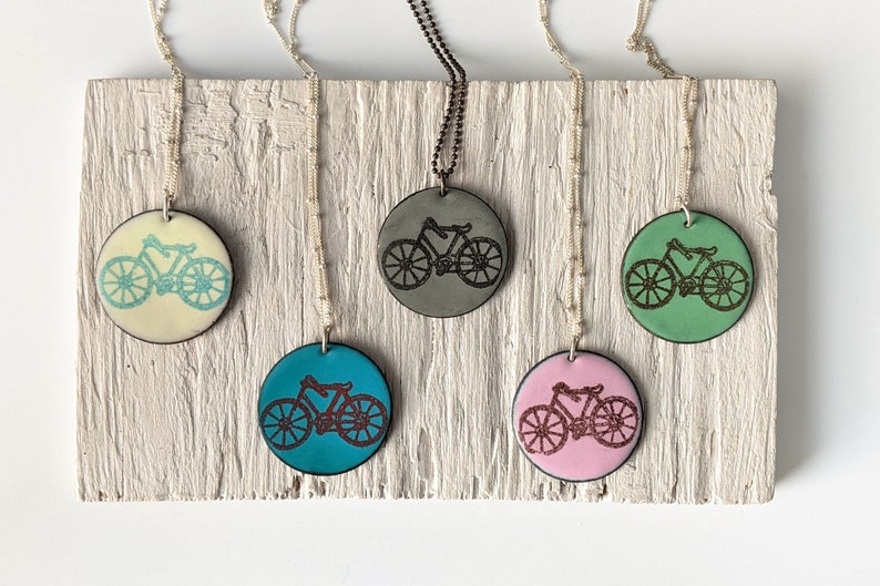 Moss Green Enamel Bicycle Necklace, Bike Lover's Pendant image 3