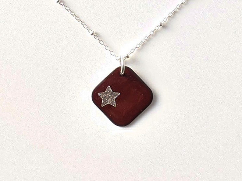 Bordeaux Star Necklace, Burgundy & Silver Enamel Necklace, Maroon Star Pendant image 1