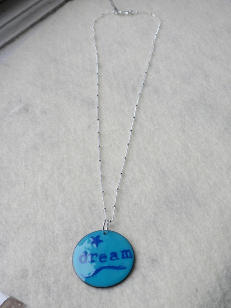 Dream Mantra Necklace, Enamel and Silver Necklace, Turquoise Pendant image 3