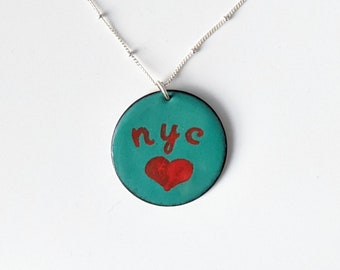 NYC Heart Enamel Pendant, City Love Necklace, Sea Green Enamel Pendant