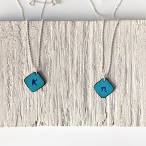 Turquoise Blue Initial Pendant, Aqua Enamel Letter Necklace image 3