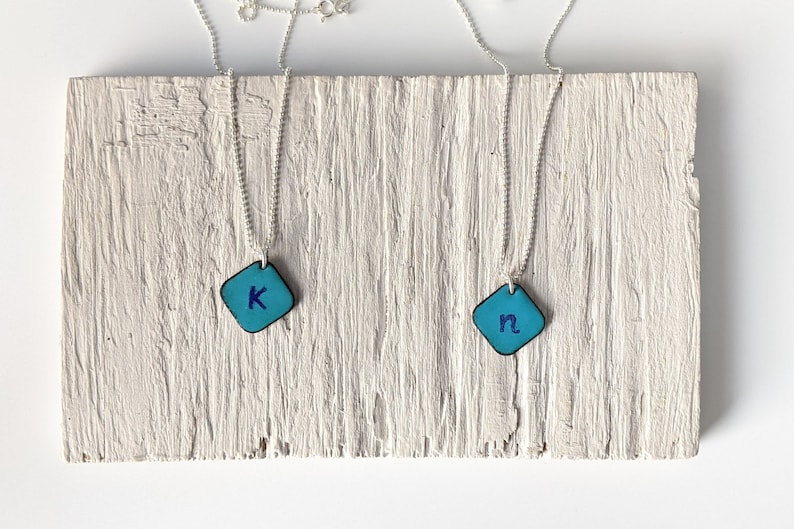 Turquoise Blue Initial Pendant, Aqua Enamel Letter Necklace image 3