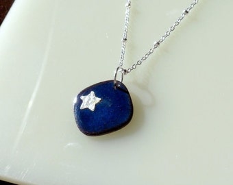Indigo Blue Star Necklace, Silver Star & Midnight Blue Enamel Pendant, Starry Night Necklace