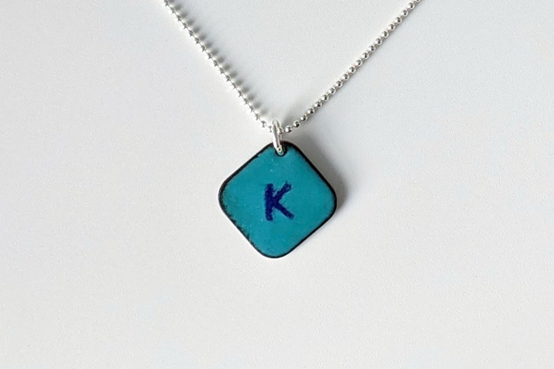 Turquoise Blue Initial Pendant, Aqua Enamel Letter Necklace image 1