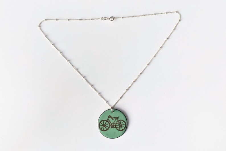 Moss Green Enamel Bicycle Necklace, Bike Lover's Pendant image 2