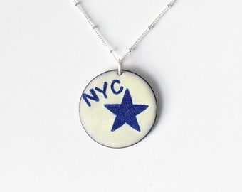 Blue on Ivory NYC Star Pendant, City Pride Necklace, NYC Enamel Pendant