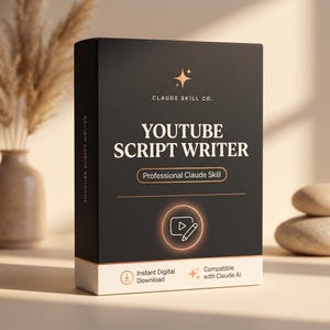 Può includere: Una scatola rettangolare nera etichettata YouTube Script Writer di Claude Skill Co. Il fronte presenta un'icona luminosa di un tasto play e una matita, il testo Professional Claude Skill e una sezione che indica Instant Digital Download.