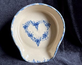 Vintage 1989 Stoneware Spoon Rest Blue Spongeware Heart Shape Floral Design Signed by Artist