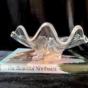 May include: A clear, wavy-edged glass bowl with three small feet, resting on a book titled "The Beautiful Northwest." The bowl has a textured, rippled appearance. The book's cover features a landscape scene.