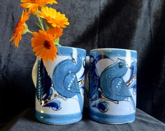Vintage Tonala Blue Mexican Pottery Pair of Mugs