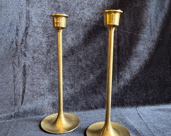 MCM Solid Brass Pair of Candlestick Holders with a Warm Golden Aged Patina