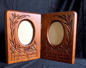 Vintage Solid Wood Carved Double Frame Love You Grandma, Grandpa