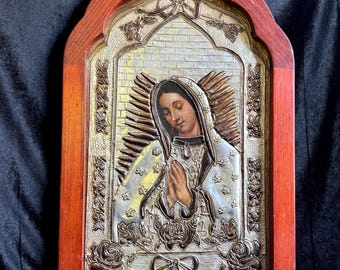 Mexican Tin Folk Art Hojalata Handmade Ornate Wall Hanging of Our Lady Guadalupe