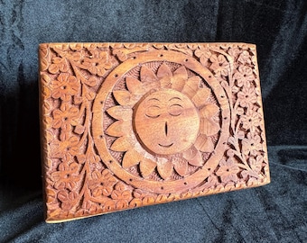 Hand Carved Wooden Trinket Box with Celestial Sun Face Design