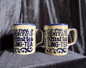Pair of Vintage Groovy Typography Tea Coffee Mugs