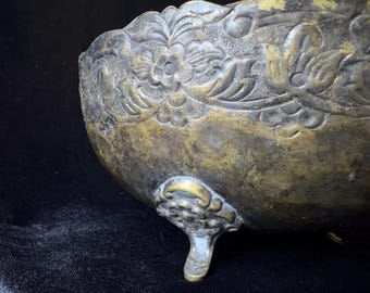 Vintage Brass Footed Bowl with Ornate Floral Design