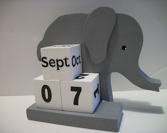 Elephant Calendar Perpetual Wood Block Grey Elephant Decor