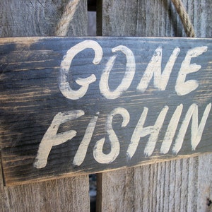 Gone Fishing Sign Black Distressed Rustic Primitive Wood Wall Hanging Fathers Day Fishing Decor image 5
