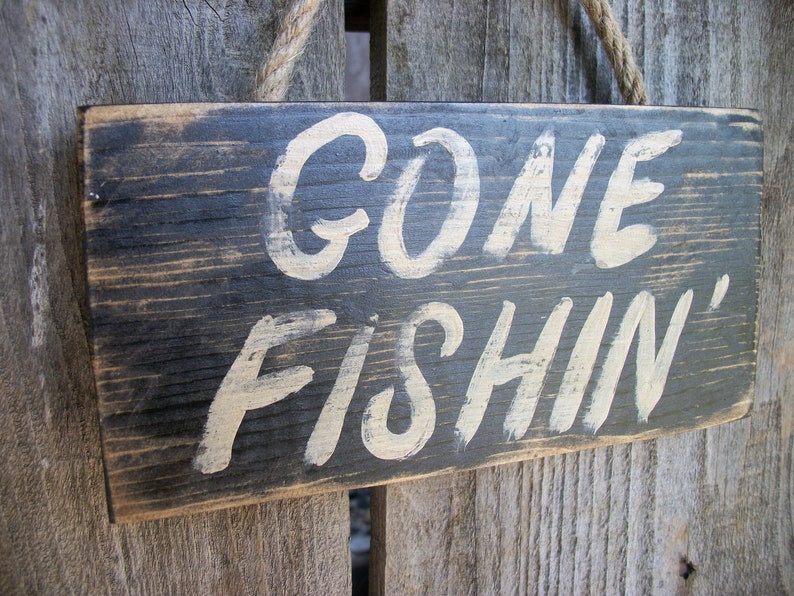 Gone Fishing Sign Black Distressed Rustic Primitive Wood Wall Hanging Fathers Day Fishing Decor image 5