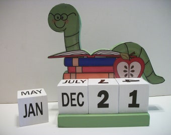 Book Worm Calendar Perpetual Wood Block Book Worm Decor Teacher Gift