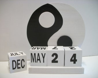 Ying Yang Calendar Perpetual Wood Block Black White Ying Yang Decor